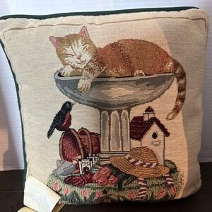 Jacquard Weave Tapestry Pillow CAT  In Birdbath Bird watches Cat Spring Flowers